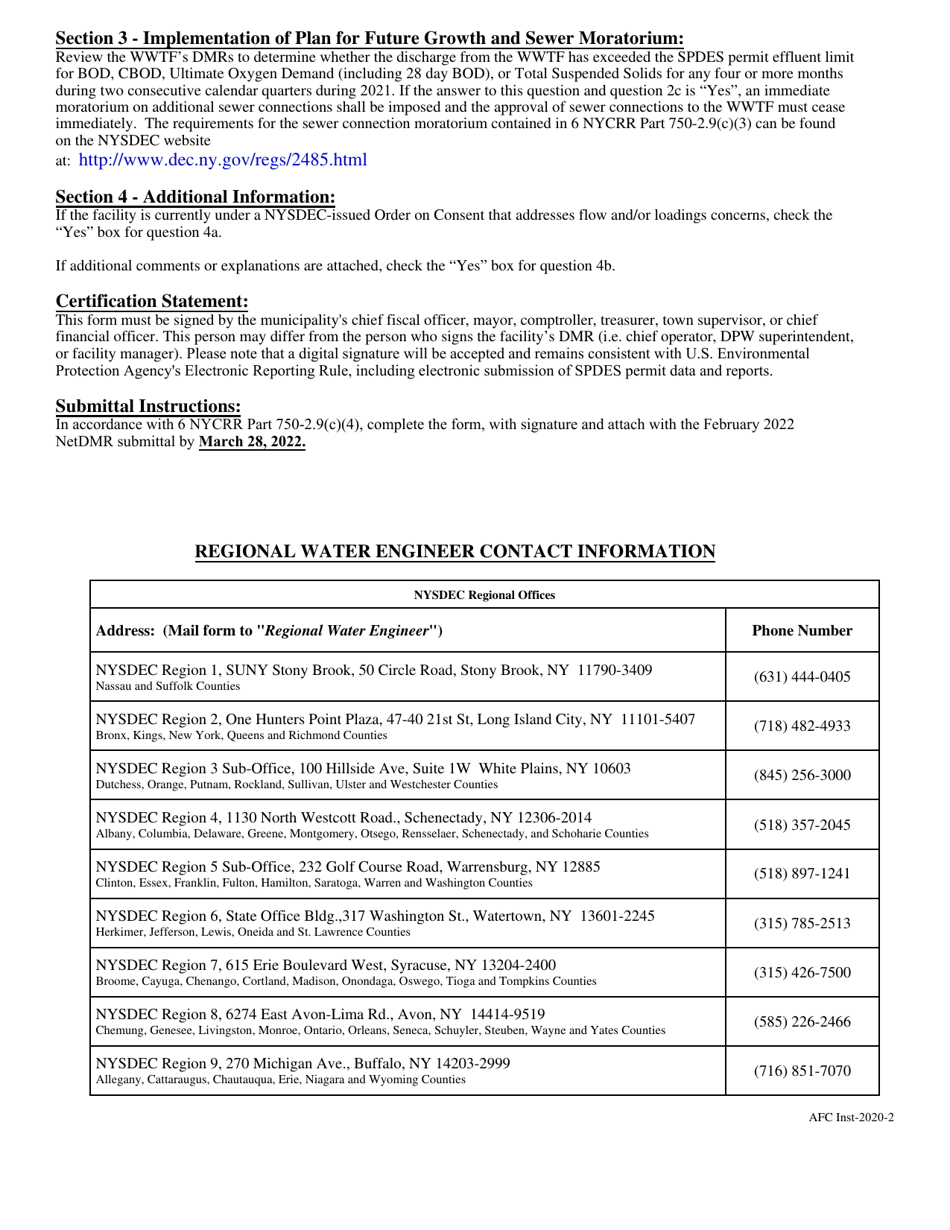 AFC Form 2020-1 Wastewater Treatment Facility Design, Planning and Flow Management Annual Certification Form - New York, Page 4