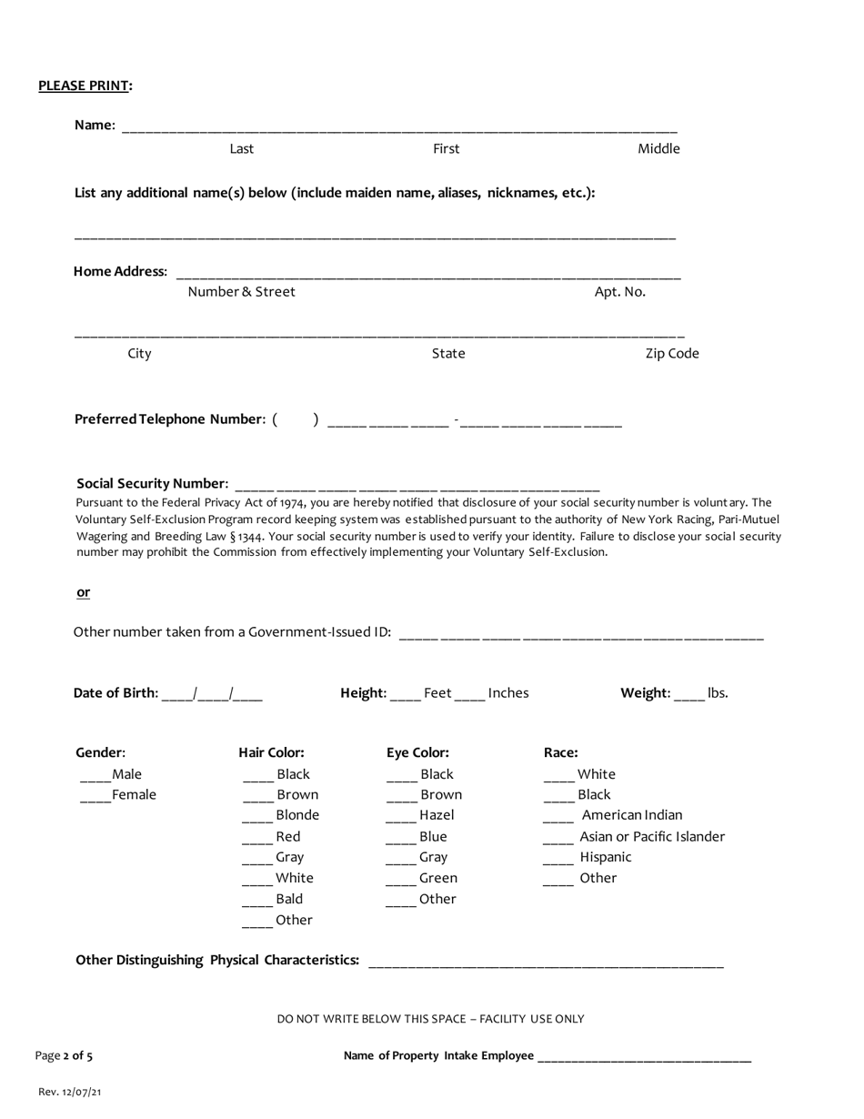 Request for Voluntary Self-exclusion From All Gaming Facilities and Entities Licensed, Permitted or Registered by the New York State Gaming Commission - New York, Page 2