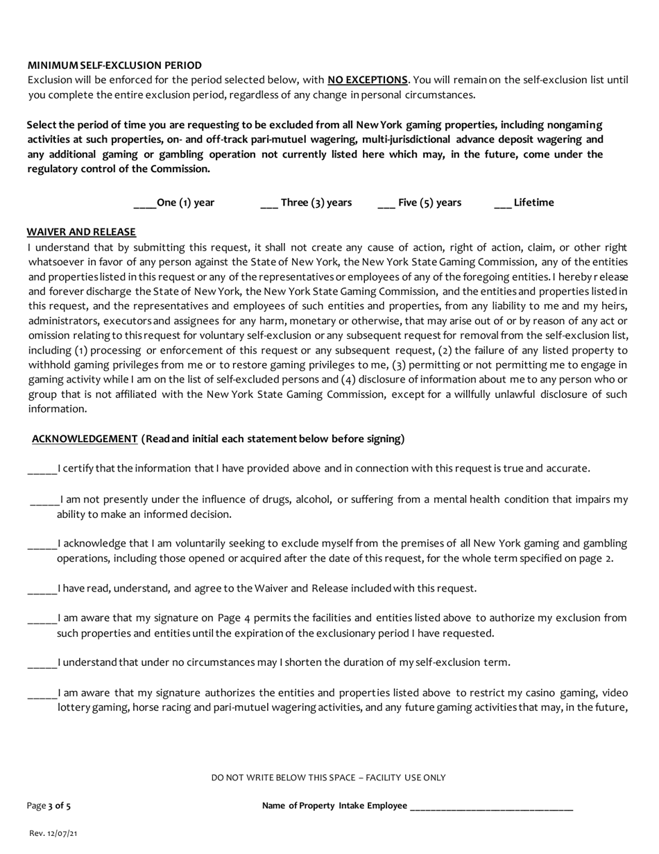 Request for Voluntary Self-exclusion From All Gaming Facilities and Entities Licensed, Permitted or Registered by the New York State Gaming Commission - New York, Page 3