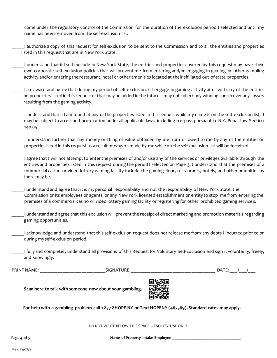 Request for Voluntary Self-exclusion From All Gaming Facilities and Entities Licensed, Permitted or Registered by the New York State Gaming Commission - New York, Page 4
