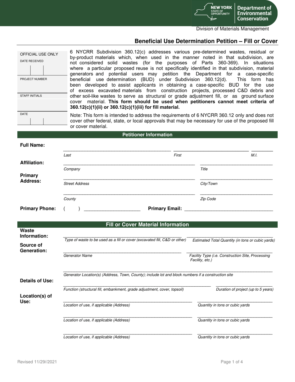 Beneficial Use Determination Petition - Fill or Cover - New York, Page 1