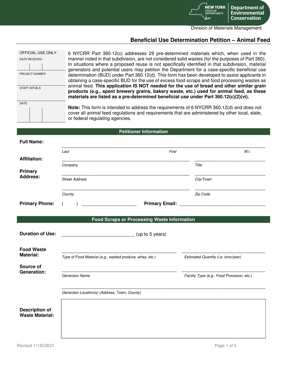Beneficial Use Determination Petition - Animal Feed - New York, Page 1