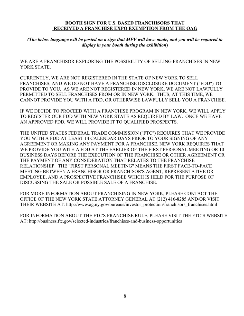 Exemption Request for an Unregistered U.S. Based Franchisor to Exhibit and Offer for Sale, but Not to Sell, Franchises at the International Franchise Expo in New York - New York, Page 8