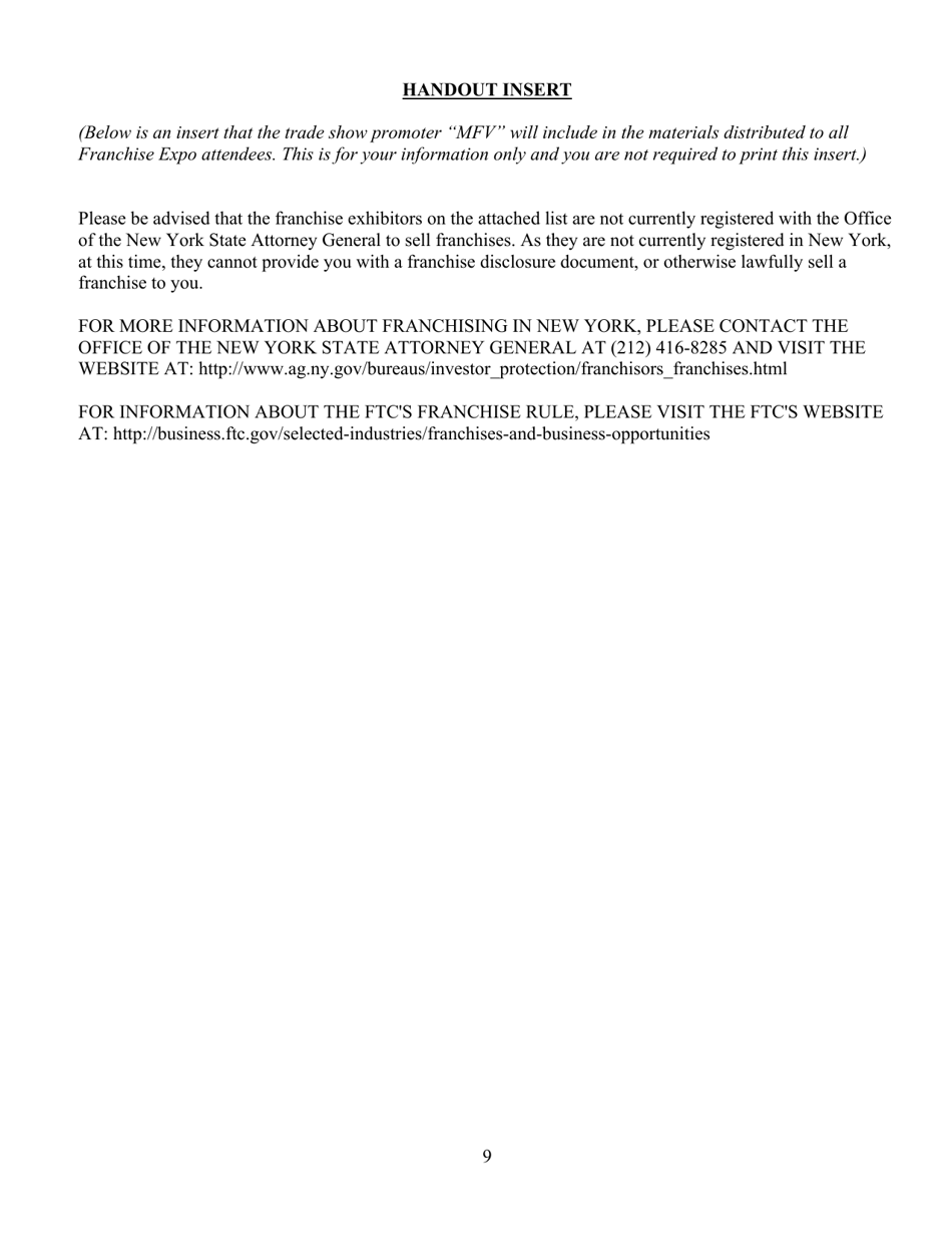 Exemption Request for an Unregistered U.S. Based Franchisor to Exhibit and Offer for Sale, but Not to Sell, Franchises at the International Franchise Expo in New York - New York, Page 9