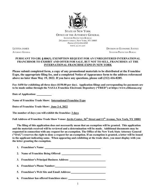 Exemption Request for an Unregistered International Franchisor to Exhibit and Offer for Sale, but Not to Sell, Franchises at the International Franchise Expo in New York - New York Download Pdf