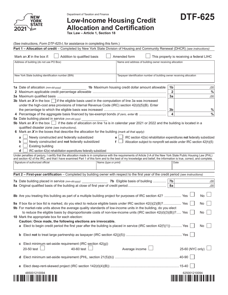 Form DTF-625 Low-Income Housing Credit Allocation and Certification - New York, Page 1