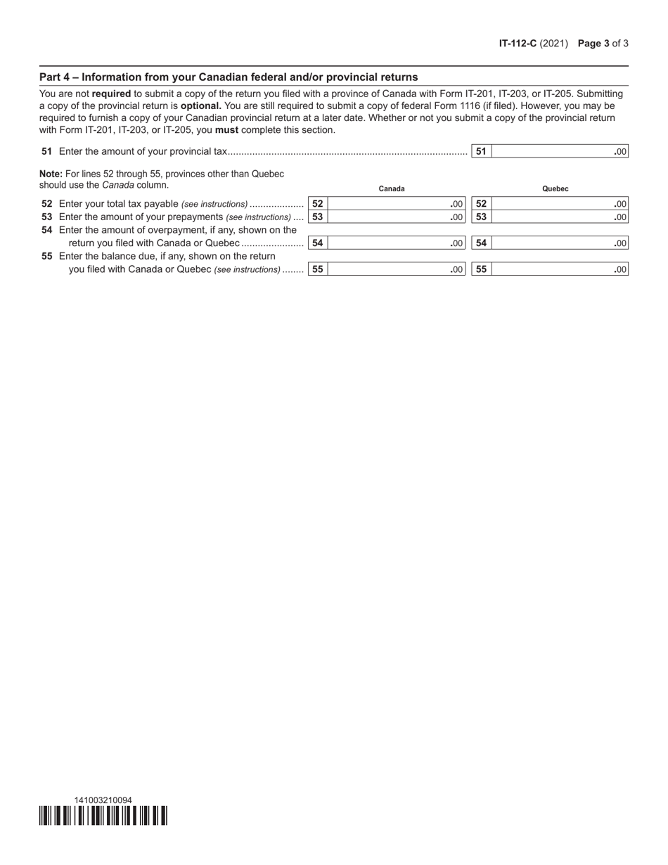 Form IT-112-C New York State Resident Credit for Taxes Paid to a Province of Canada - New York, Page 3