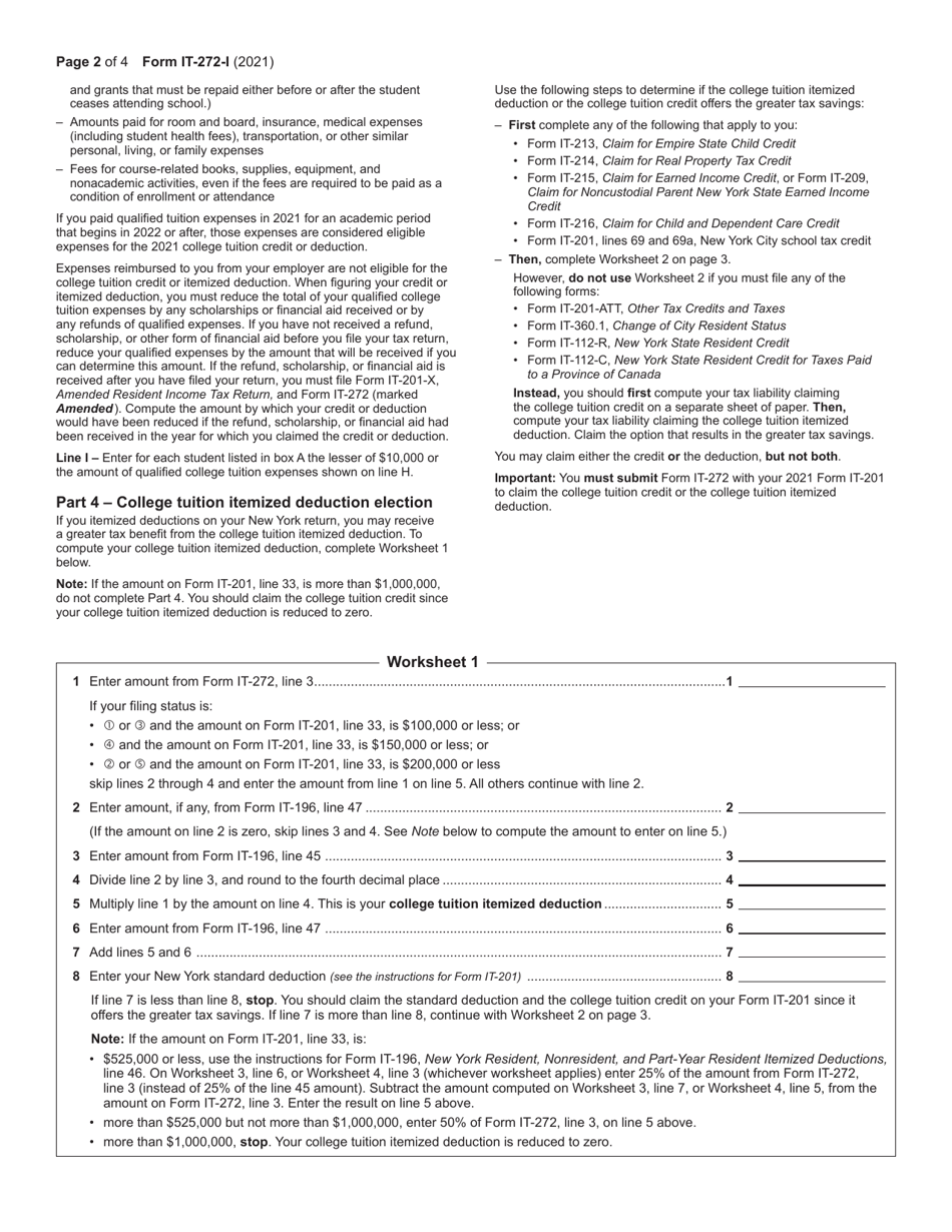 Instructions for Form IT-272 Claim for College Tuition Credit or Itemized Deduction - Full-Year New York State Residents Only - New York, Page 2