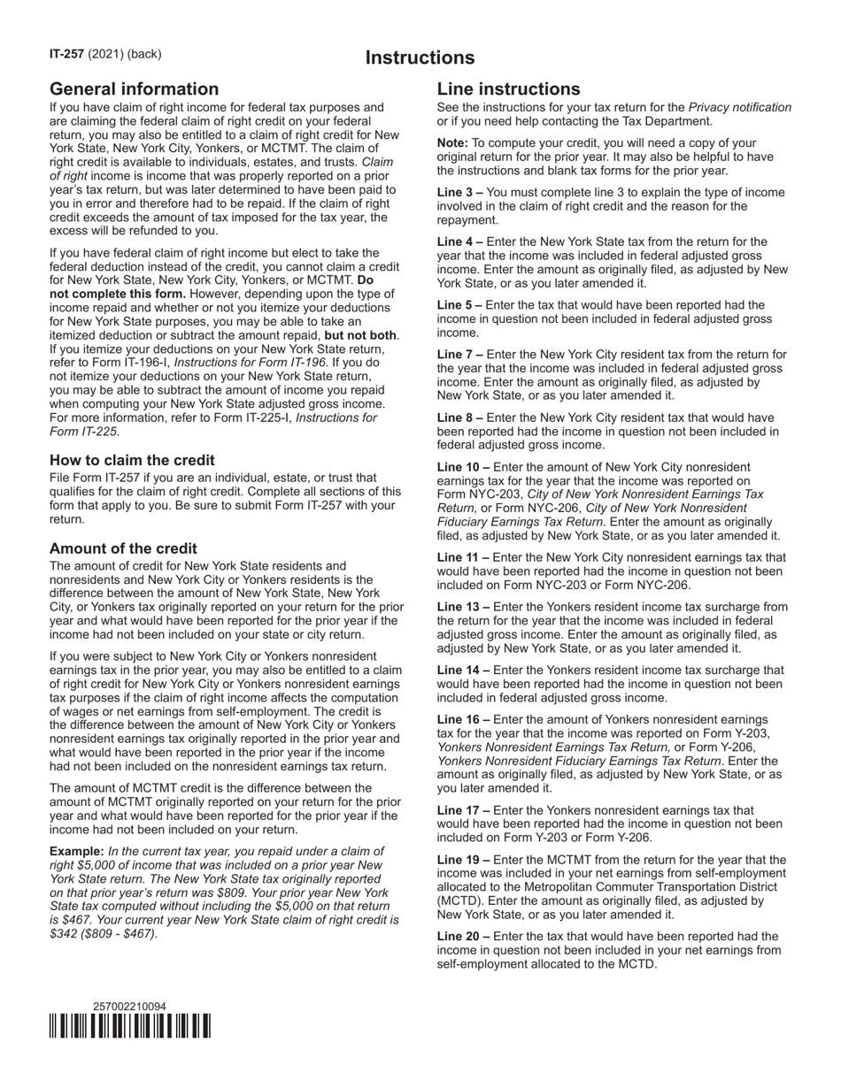 Form IT-257 Claim of Right Credit - New York, Page 2