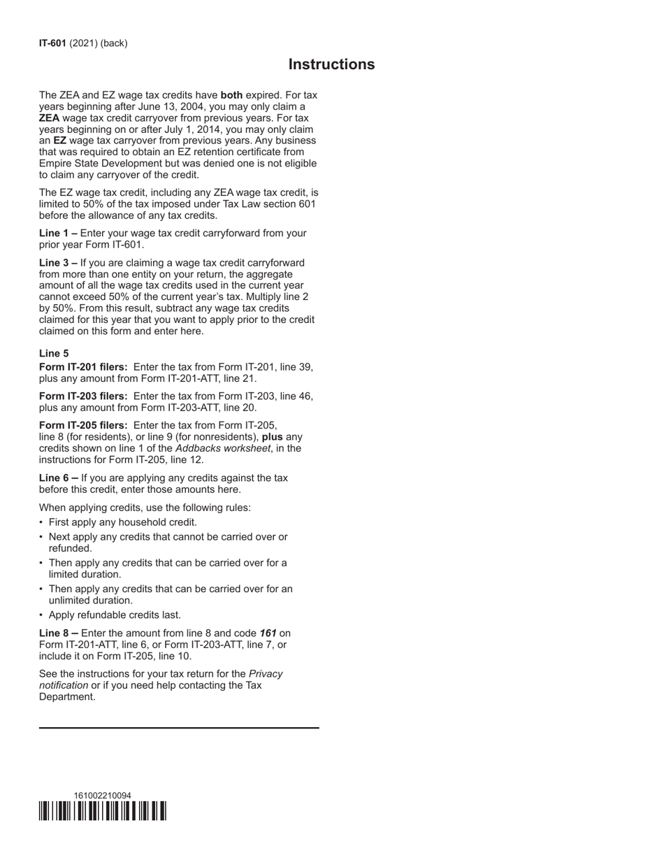Form IT-601 Claim for Ez Wage Tax Credit Including the Zea Wage Tax Credit - New York, Page 2