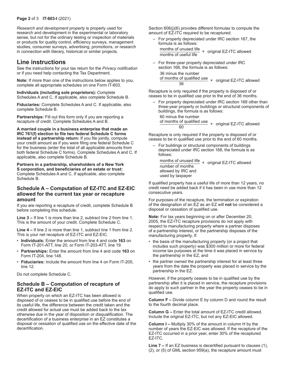 Instructions for Form IT-603 Claim for Ez Investment Tax Credit and Ez Employment Incentive Credit - New York, Page 2