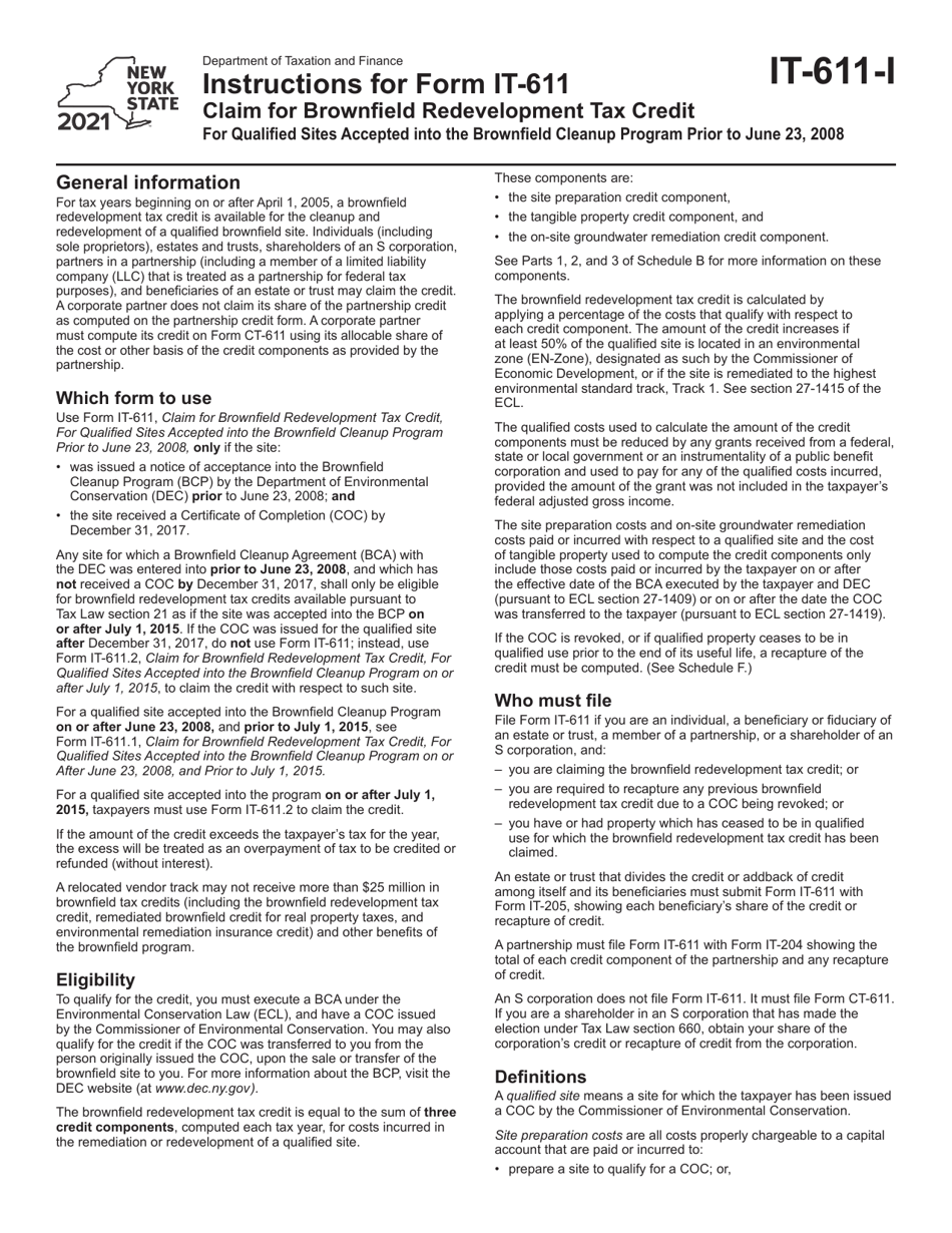 Instructions for Form IT-611 Claim for Brownfield Redevelopment Tax Credit for Qualified Sites Accepted Into the Brownfield Cleanup Program Prior to June 23, 2008 - New York, Page 1