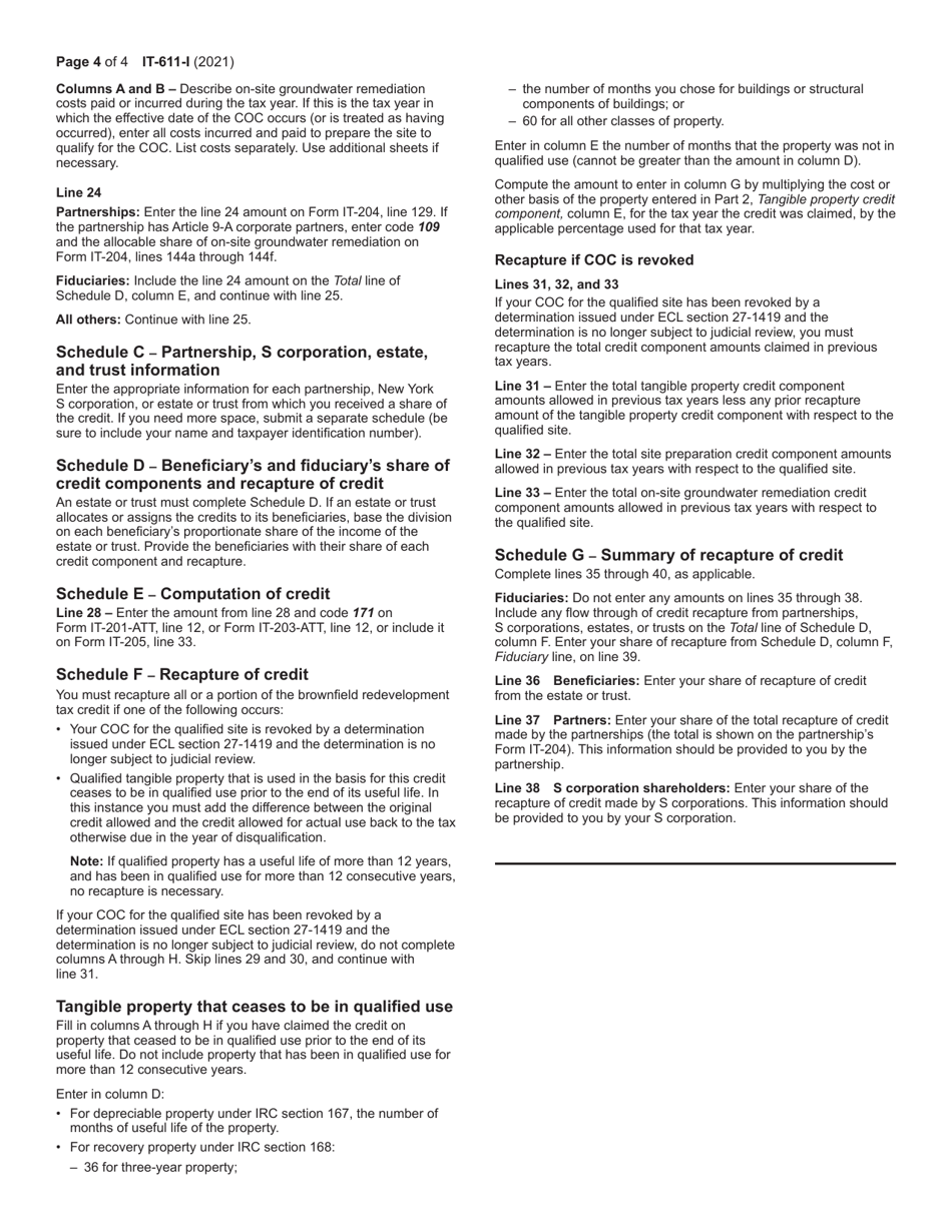 Instructions for Form IT-611 Claim for Brownfield Redevelopment Tax Credit for Qualified Sites Accepted Into the Brownfield Cleanup Program Prior to June 23, 2008 - New York, Page 4