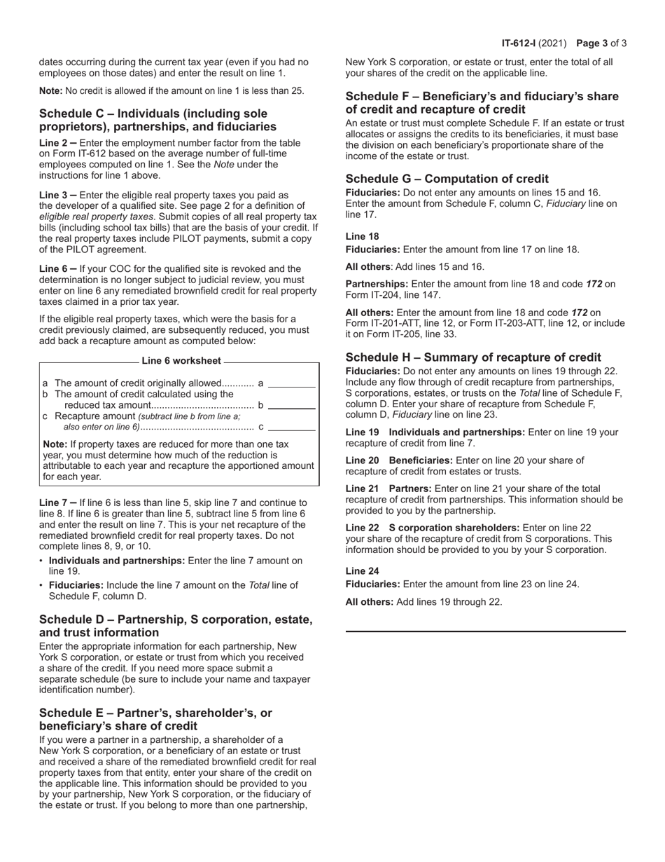 Instructions for Form IT-612 Claim for Remediated Brownfield Credit for Real Property Taxes for Qualified Sites Accepted Into the Brownfield Cleanup Program Prior to July 1, 2015 - New York, Page 3