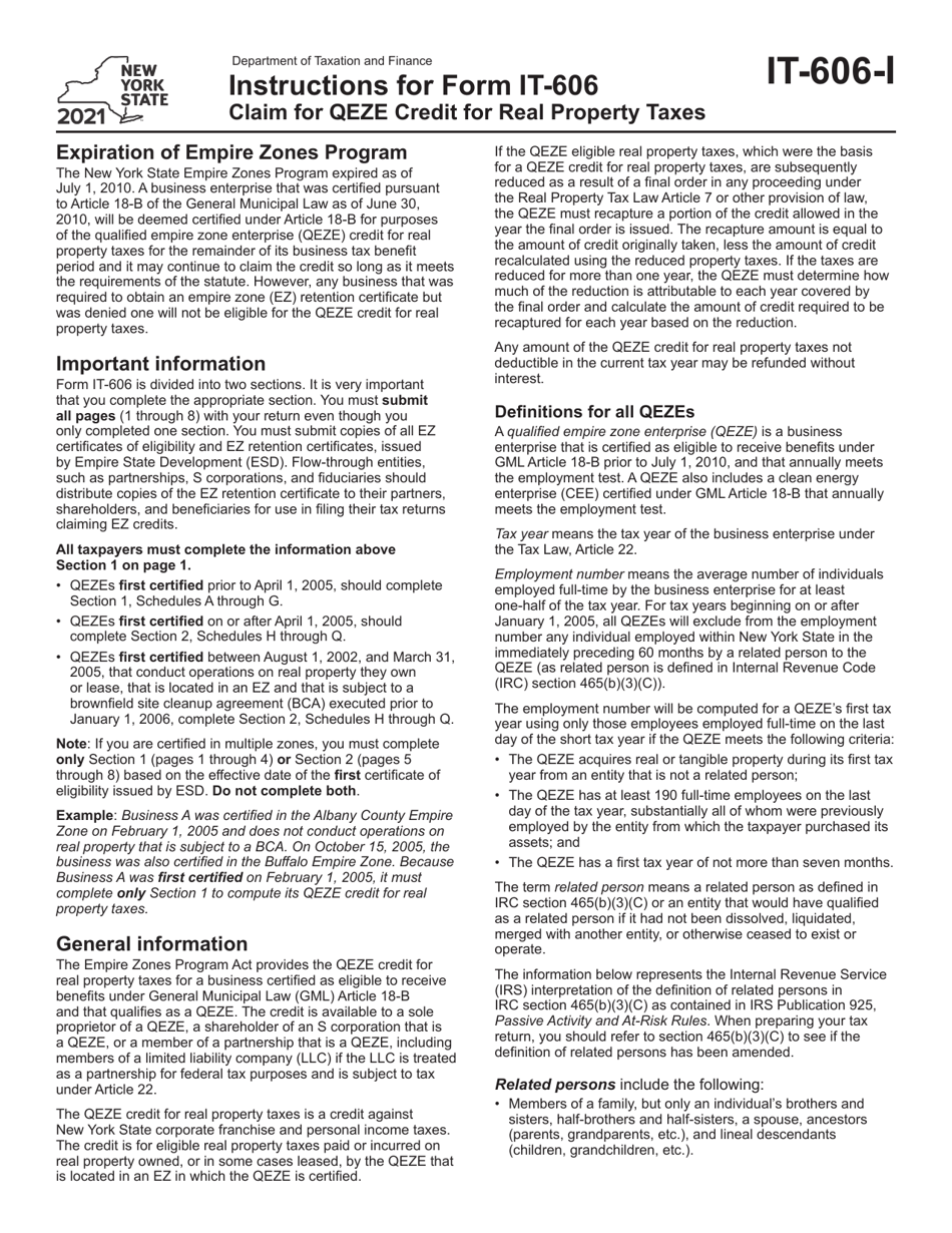 Instructions for Form IT-606 Claim for Qeze Credit for Real Property Taxes - New York, Page 1