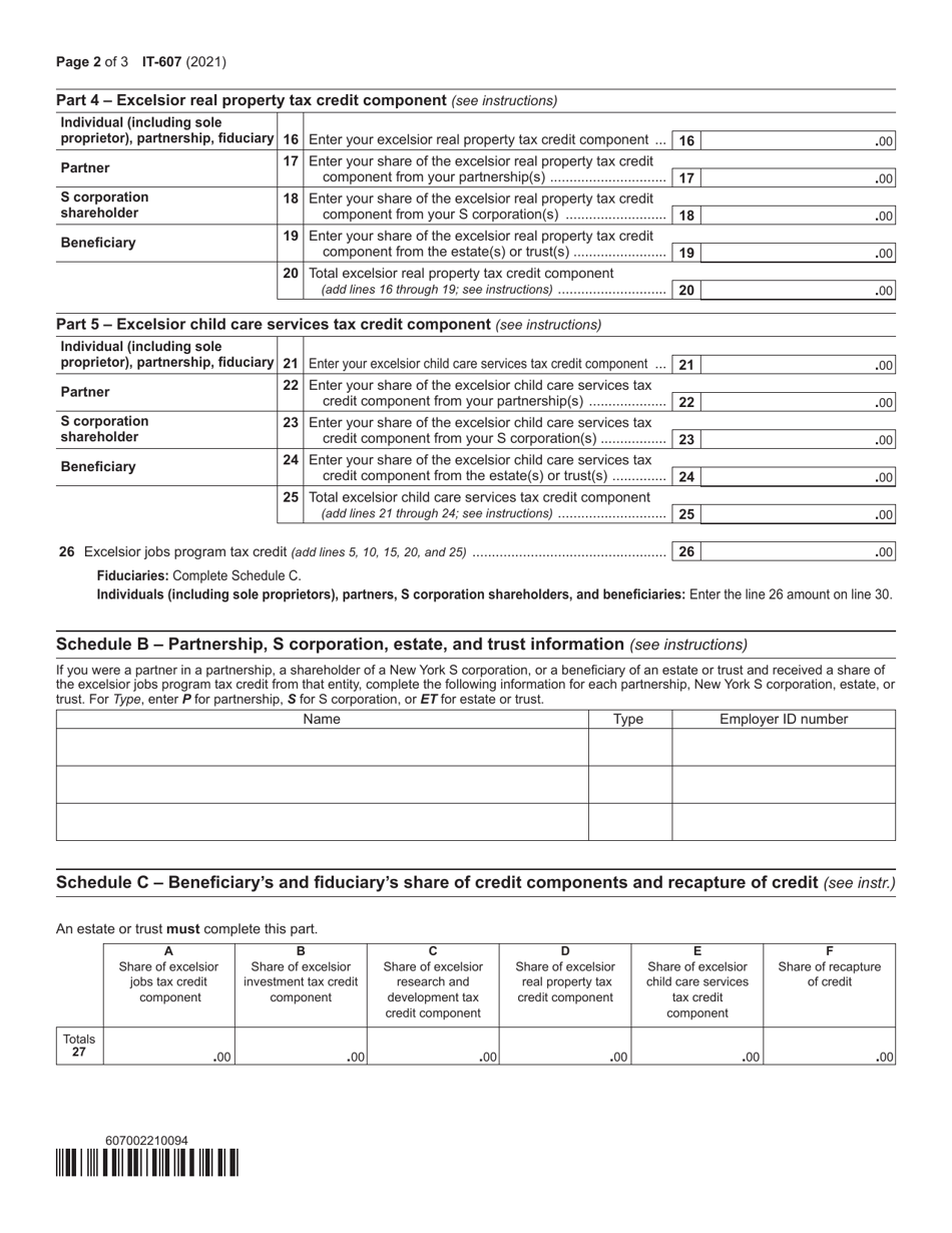 Form IT-607 Claim for Excelsior Jobs Program Tax Credit - New York, Page 2