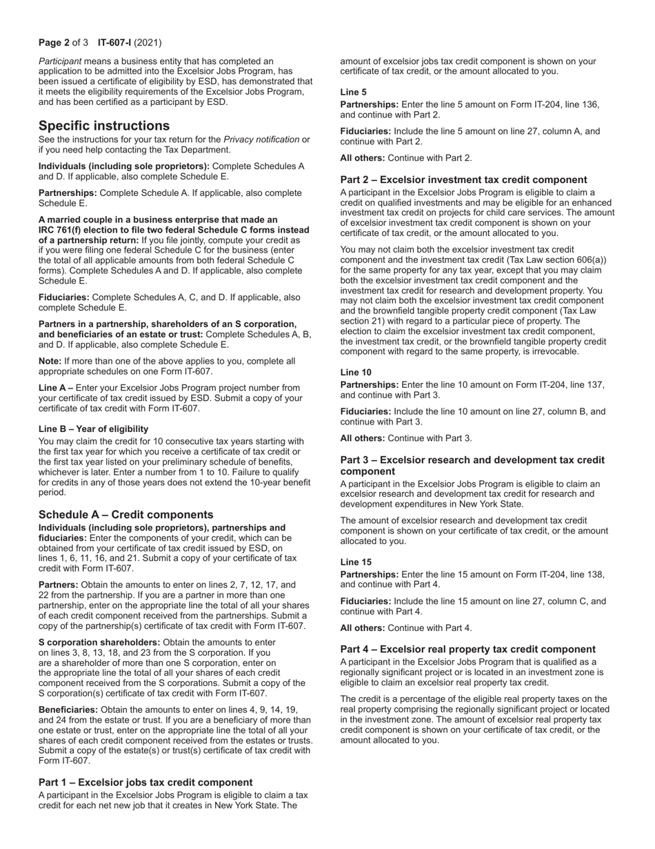 Instructions for Form IT-607 Claim for Excelsior Jobs Program Tax Credit - New York, Page 2