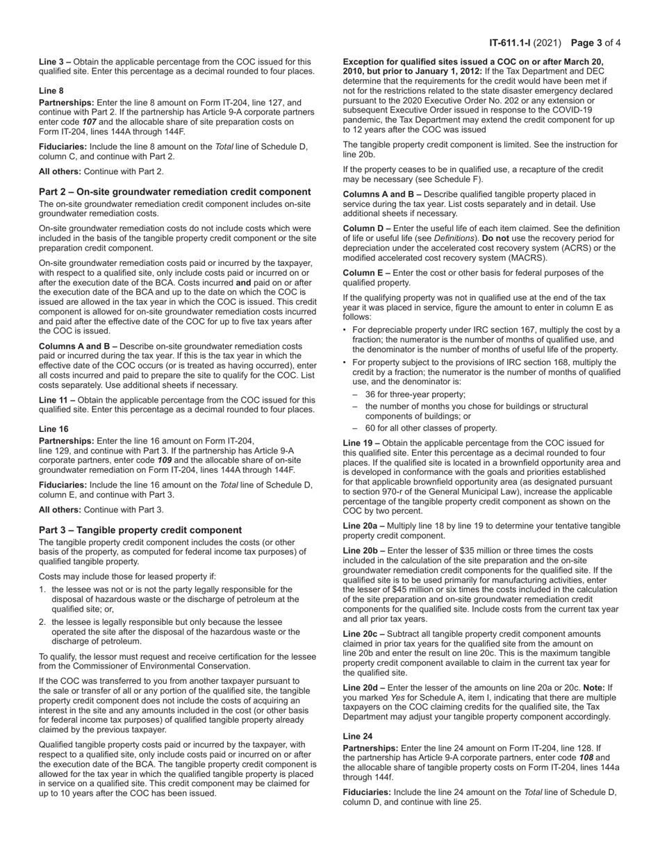 Instructions for Form IT-611.1 Claim for Brownfield Redevelopment Tax Credit for Qualified Sites Accepted Into the Brownfield Cleanup Program on or After June 23, 2008, and Prior to July 1, 2015 - New York, Page 3