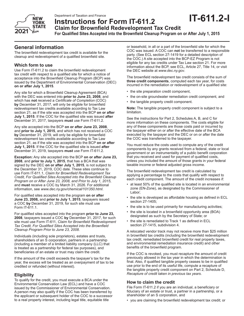 Instructions for Form IT-611.2 Claim for Brownfield Redevelopment Tax Credit for Qualified Sites Accepted Into the Brownfield Cleanup Program on or After July 1, 2015 - New York, Page 1