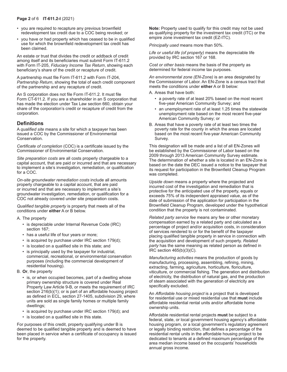 Instructions for Form IT-611.2 Claim for Brownfield Redevelopment Tax Credit for Qualified Sites Accepted Into the Brownfield Cleanup Program on or After July 1, 2015 - New York, Page 2