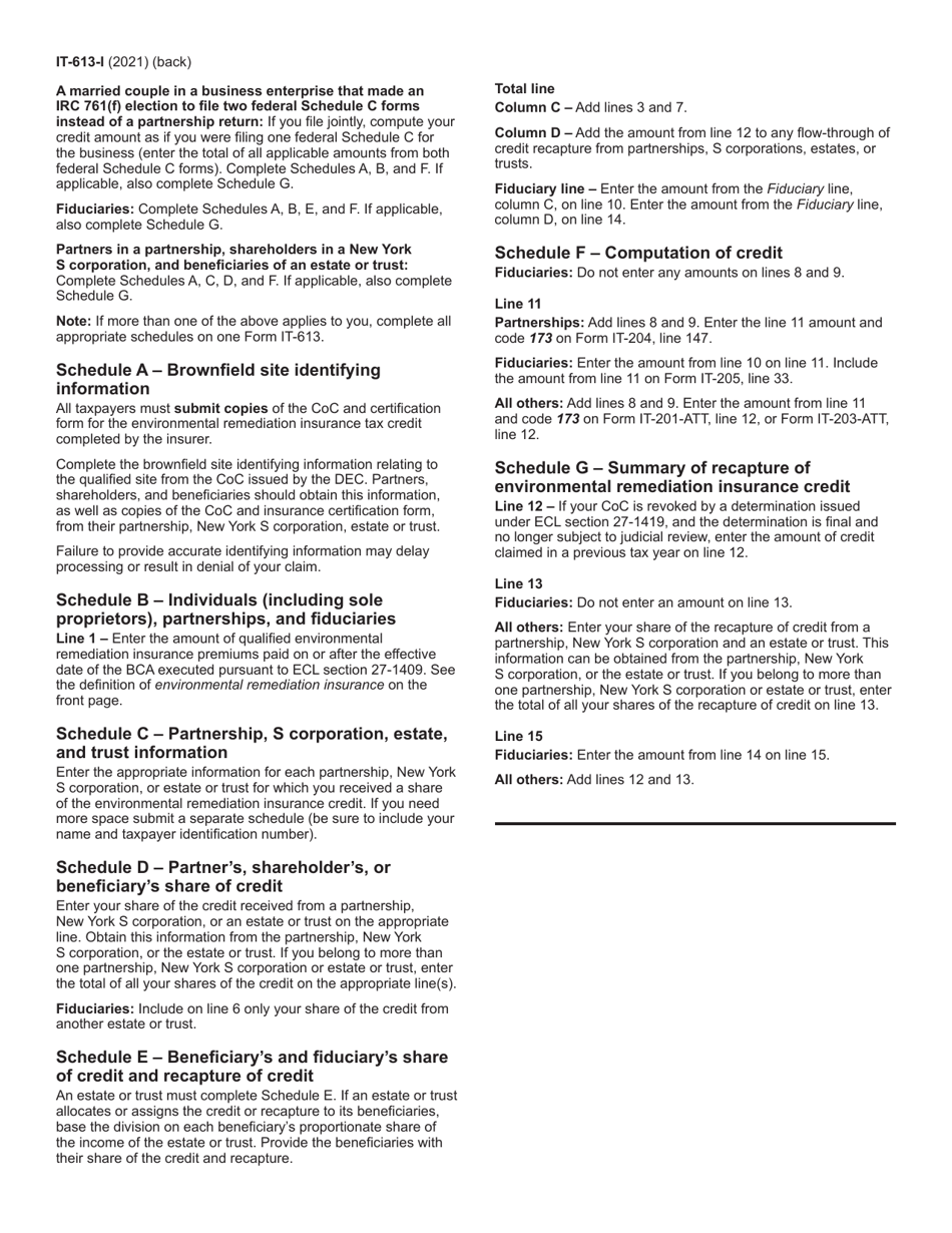 Instructions for Form IT-613 Claim for Environmental Remediation Insurance Credit for Qualified Sites Accepted Into the Brownfield Cleanup Program Prior to July 1, 2015 - New York, Page 2