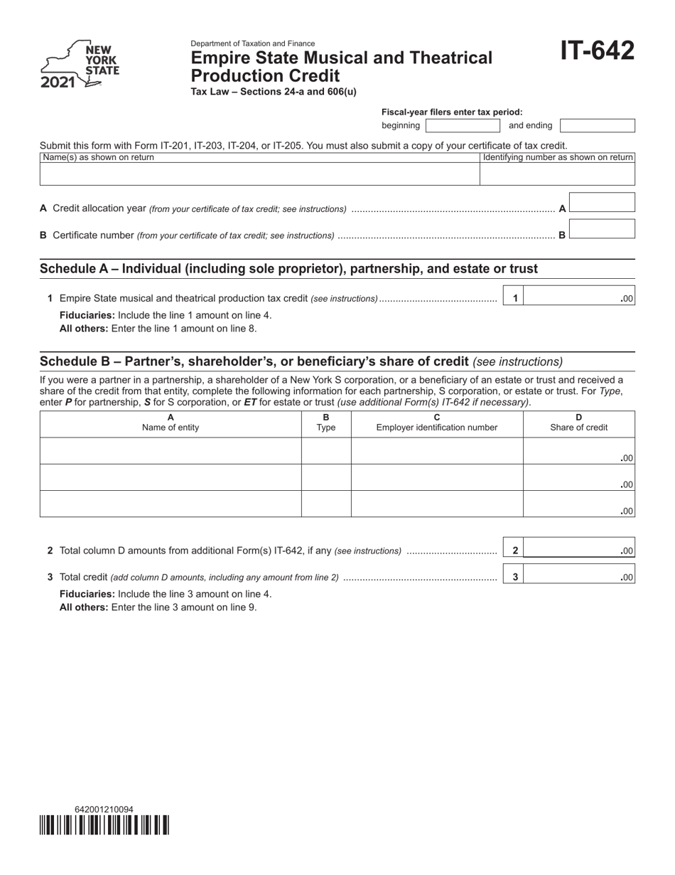 Form IT-642 Empire State Musical and Theatrical Production Credit - New York, Page 1