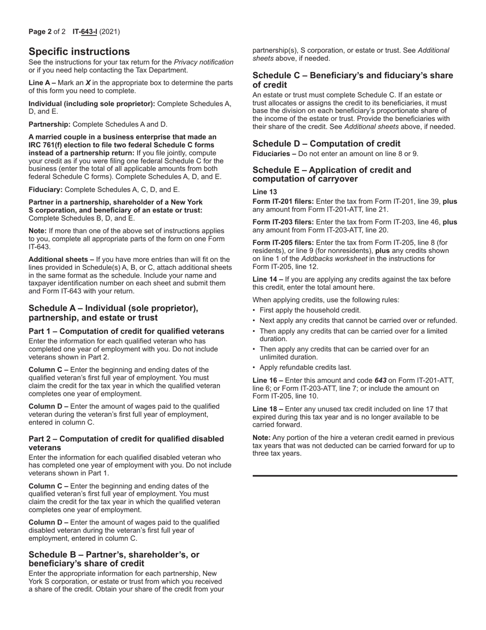Instructions for Form IT-643 Hire a Veteran Credit - New York, Page 2
