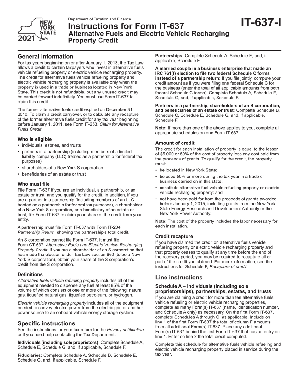 Instructions for Form IT-637 Alternative Fuels and Electric Vehicle Recharging Property Credit - New York, Page 1