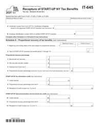 Form IT-645 Recapture of Start-Up Ny Tax Benefits - New York