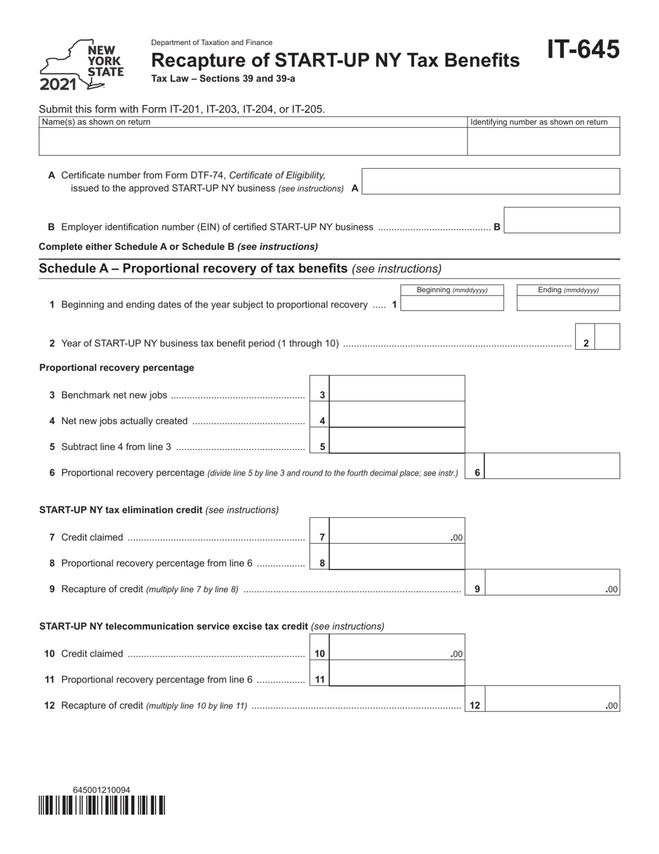 Form IT-645 Recapture of Start-Up Ny Tax Benefits - New York, Page 1