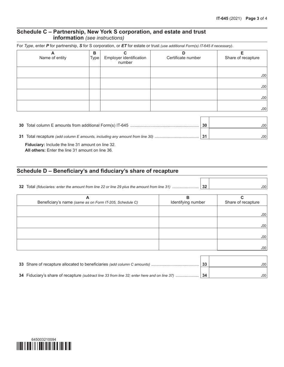 Form IT-645 Recapture of Start-Up Ny Tax Benefits - New York, Page 3