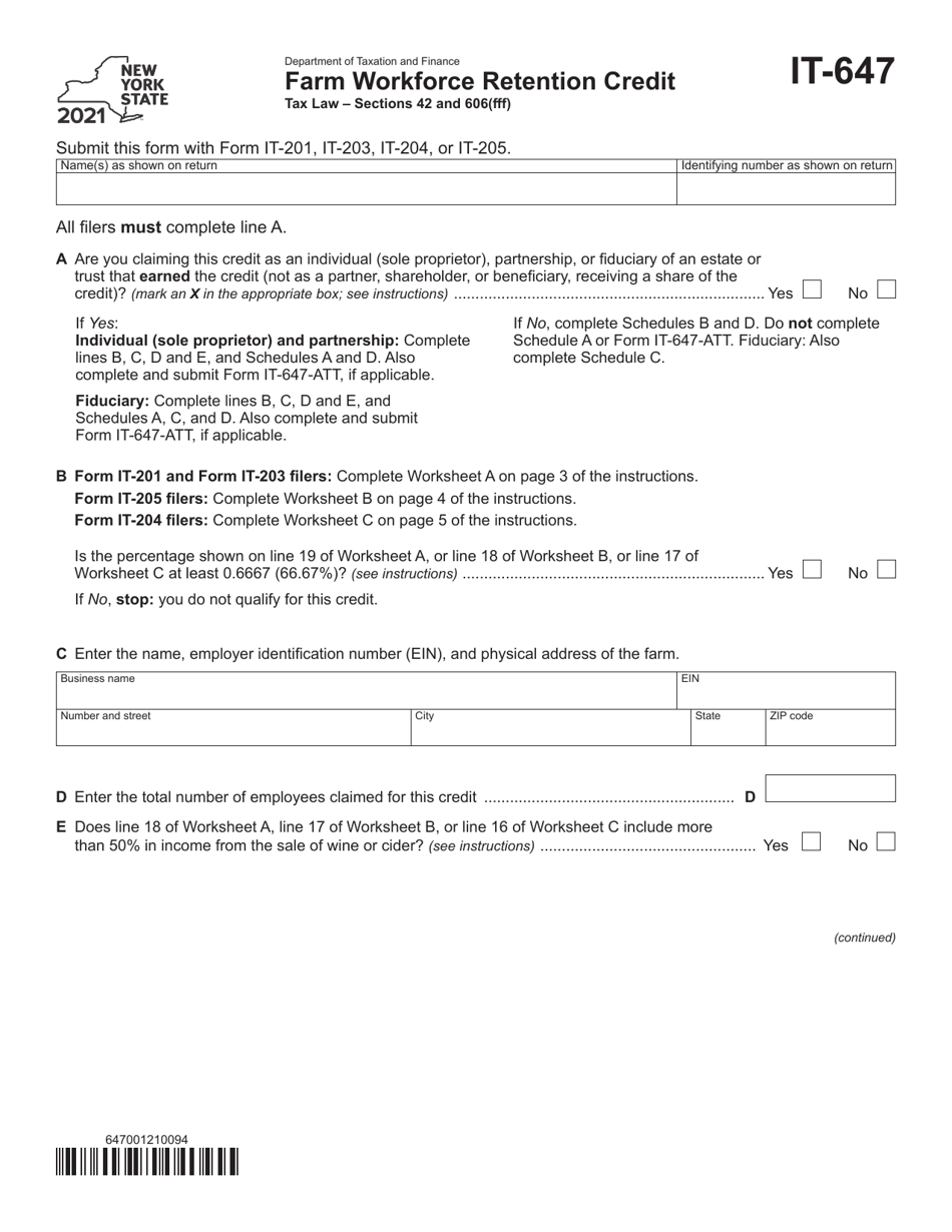 Form IT-647 Farm Workforce Retention Credit - New York, Page 1