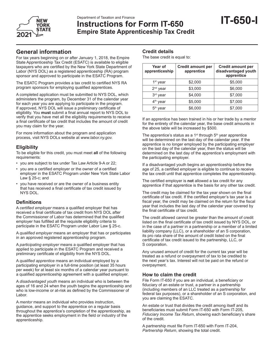 Instructions for Form IT-650 Empire State Apprenticeship Tax Credit - New York, Page 1