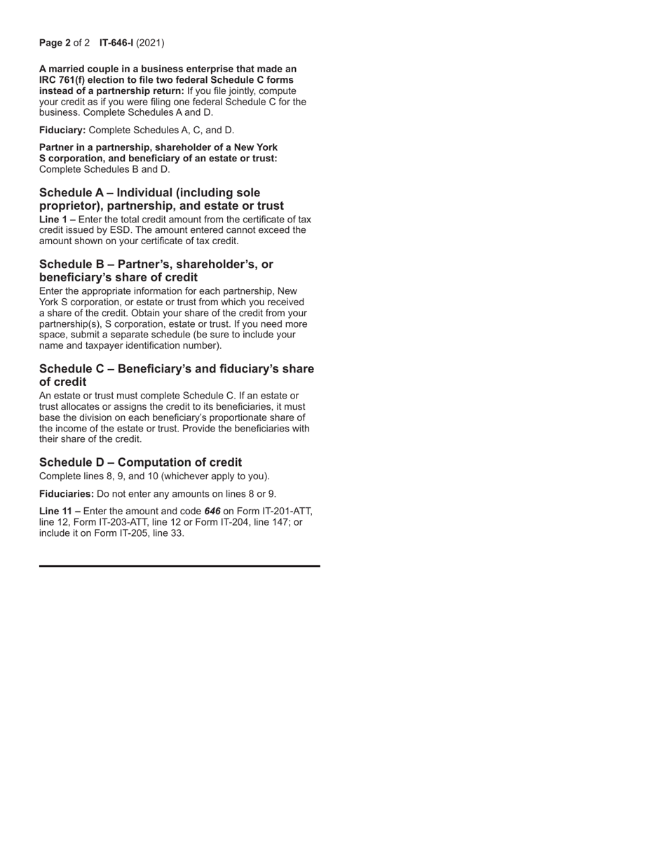 Instructions for Form IT-646 Employee Training Incentive Program Tax Credit - New York, Page 2