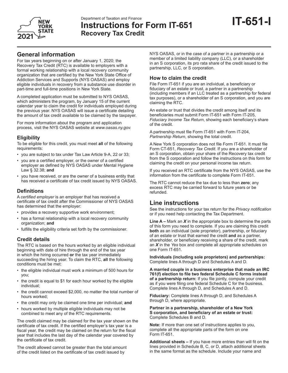 Instructions for Form IT-651 Recovery Tax Credit - New York, Page 1