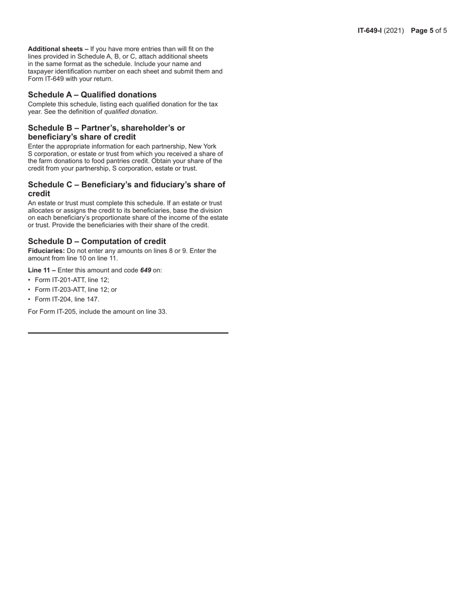 Instructions for Form IT-649 Farm Donations to Food Pantries Credit - New York, Page 5