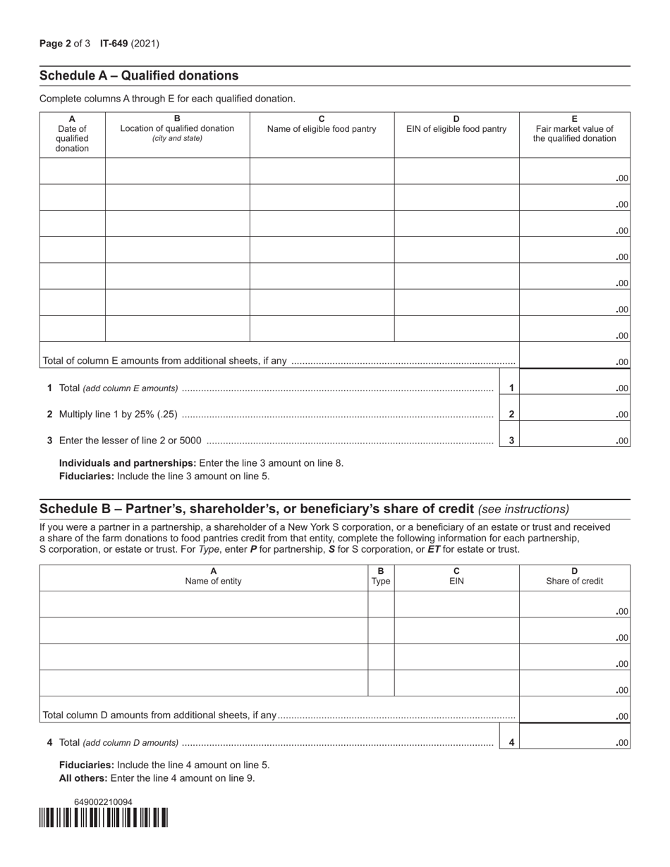 Form IT-649 Farm Donations to Food Pantries Credit - New York, Page 2