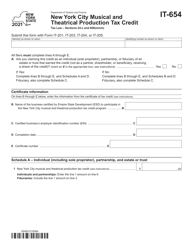 Document preview: Form IT-654 New York City Musical and Theatrical Production Tax Credit - New York