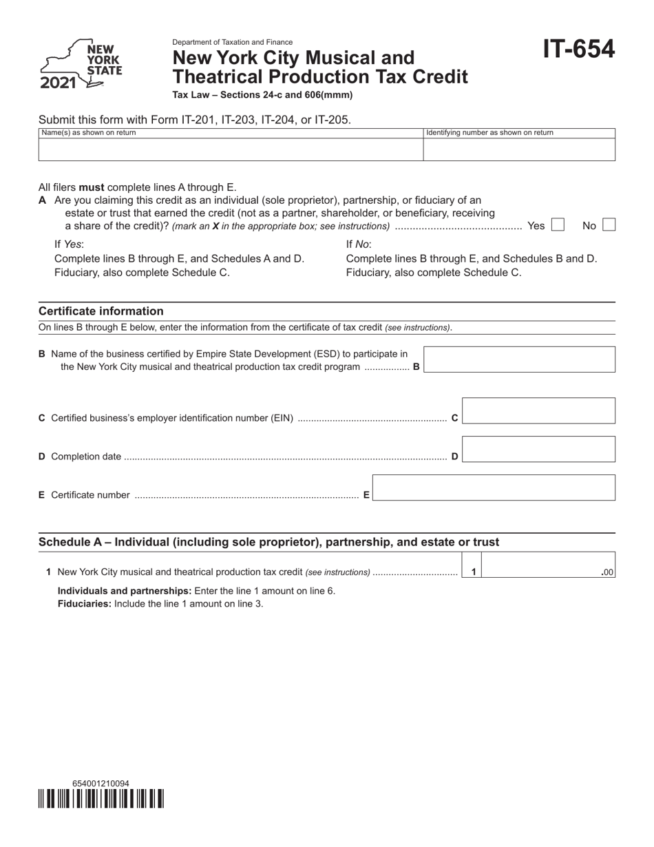 Form IT-654 New York City Musical and Theatrical Production Tax Credit - New York, Page 1
