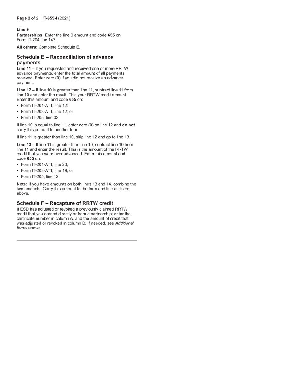 Instructions for Form IT-655 Restaurant Return-To-Work Credit - New York, Page 2