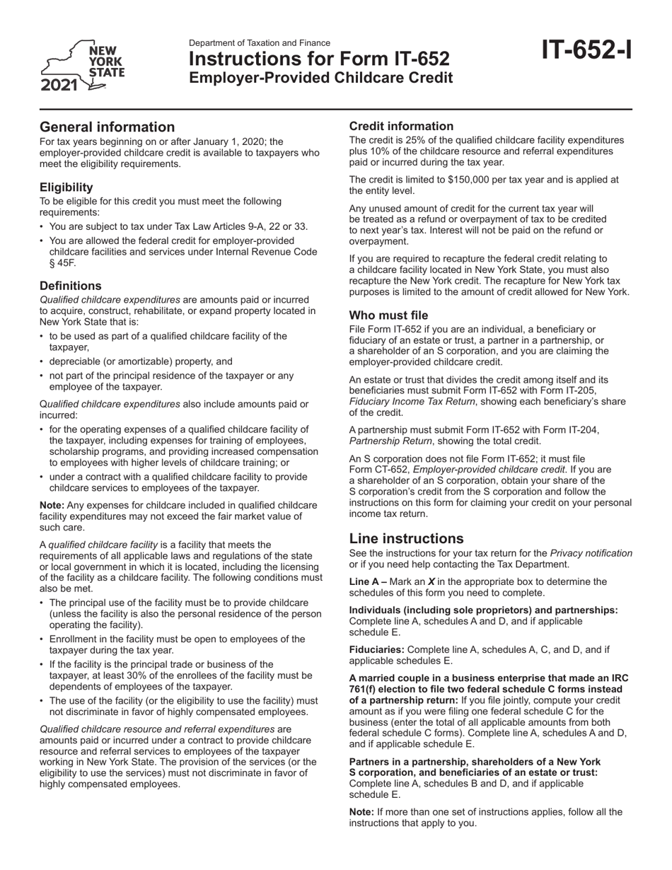 Instructions for Form IT-652 Employer-Provided Childcare Credit - New York, Page 1