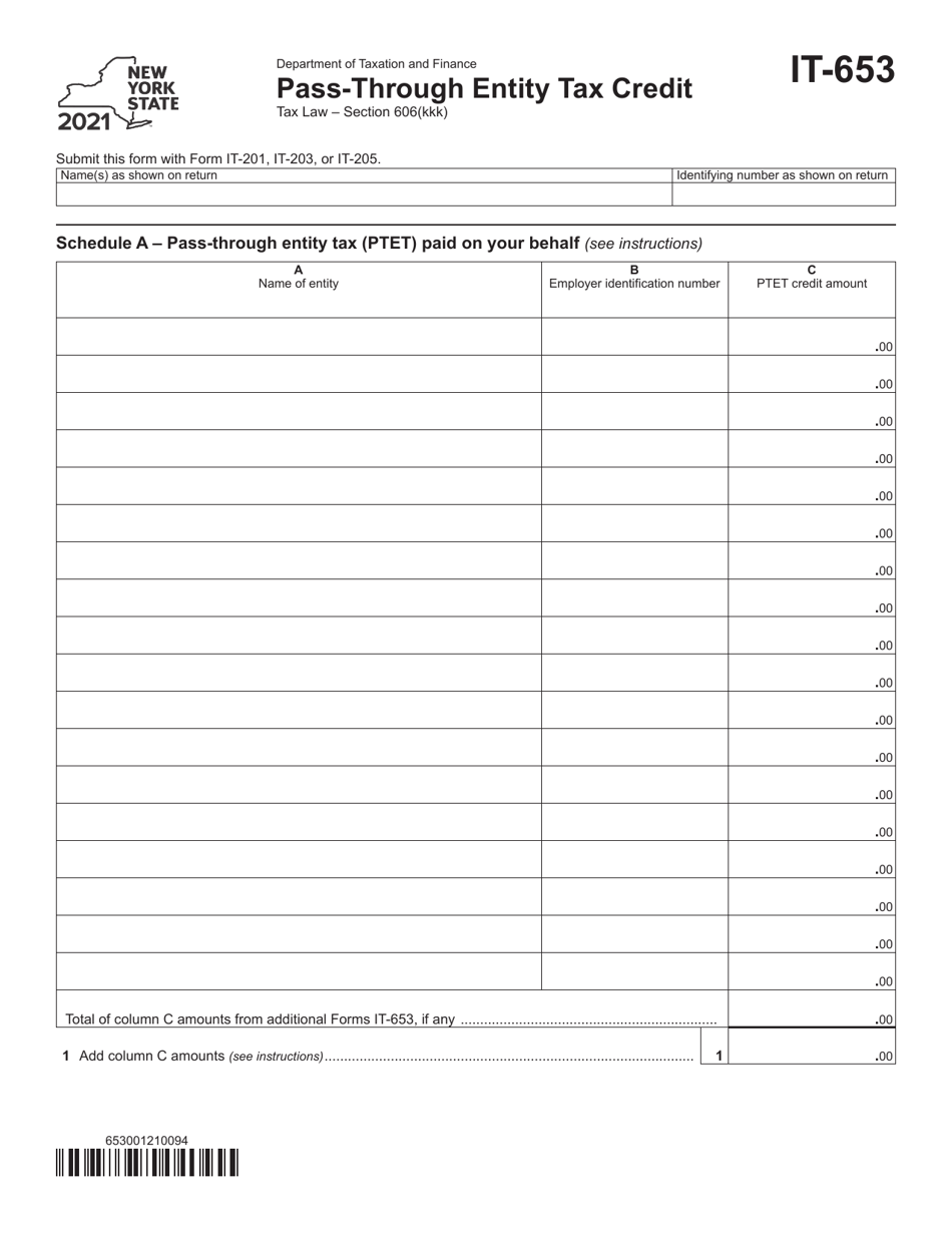 Form IT-653 Pass-Through Entity Tax Credit - New York, Page 1