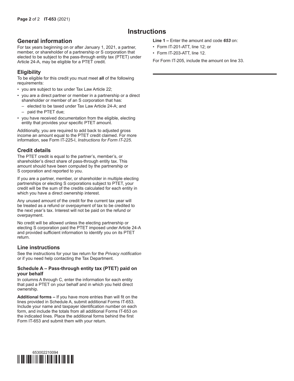 Form IT-653 Pass-Through Entity Tax Credit - New York, Page 2