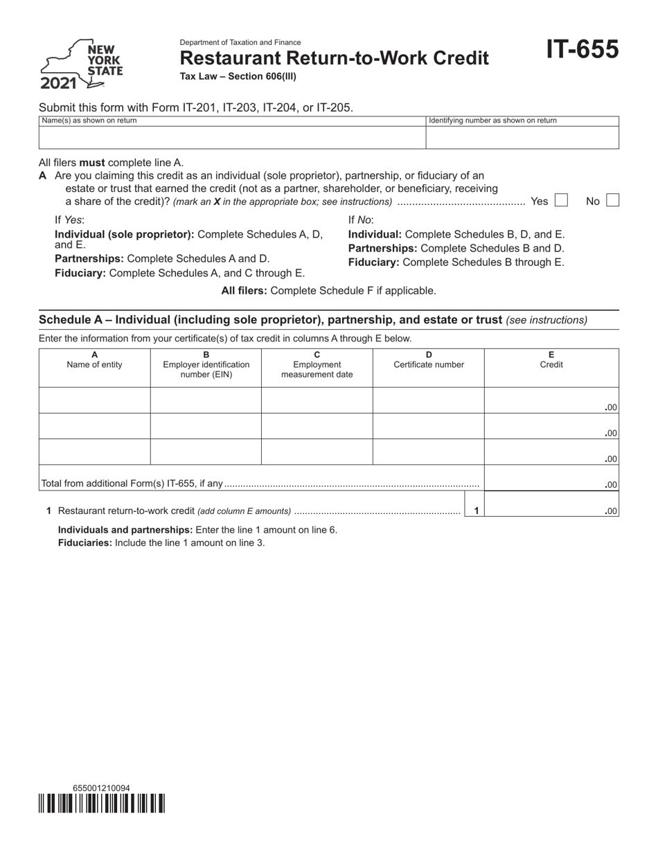 Form IT-655 Restaurant Return-To-Work Credit - New York, Page 1