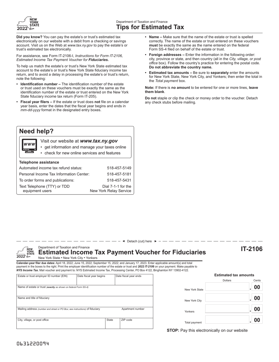 Form IT-2106 Estimated Income Tax Payment Voucher for Fiduciaries - New York, Page 1
