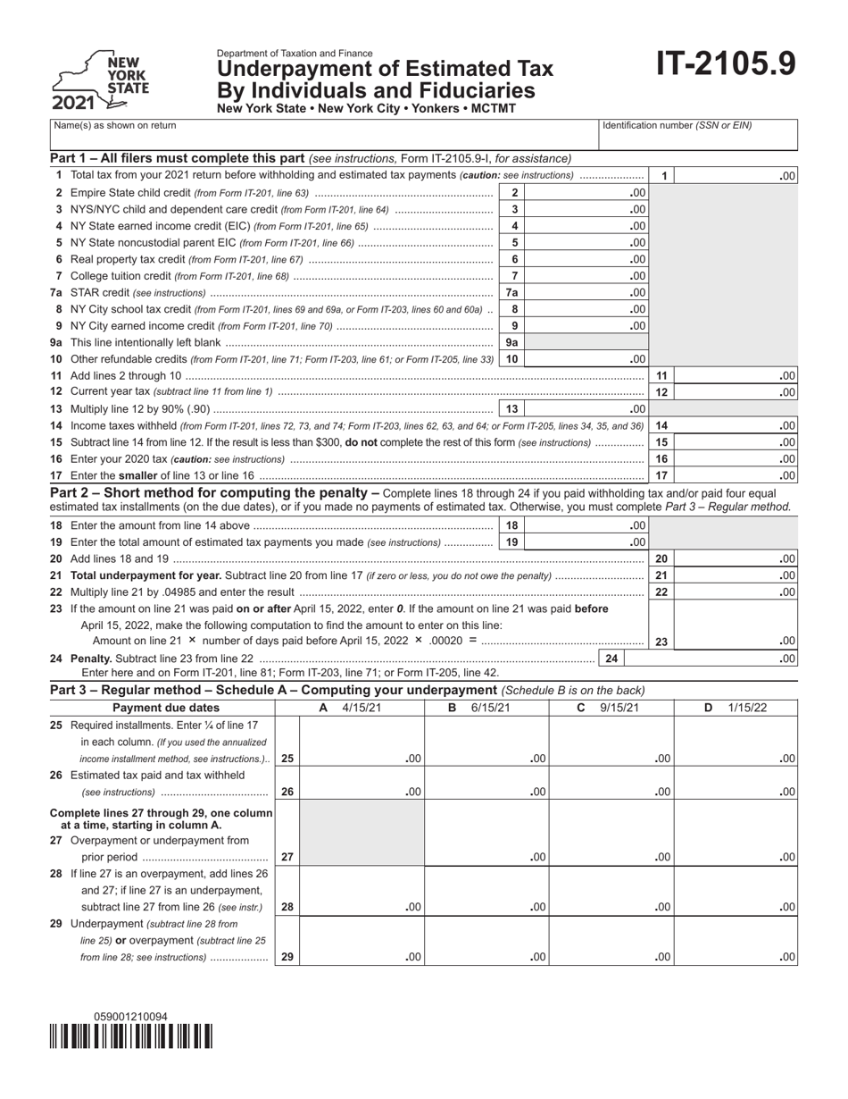 Form IT-2105.9 Underpayment of Estimated Tax by Individuals and Fiduciaries - New York, Page 1