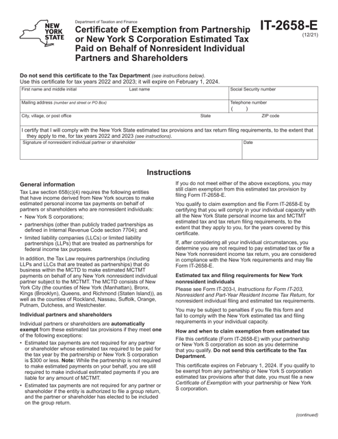 Form IT-2658-E Certificate of Exemption From Partnership or New York S Corporation Estimated Tax Paid on Behalf of Nonresident Individual Partners and Shareholders - New York, 2023