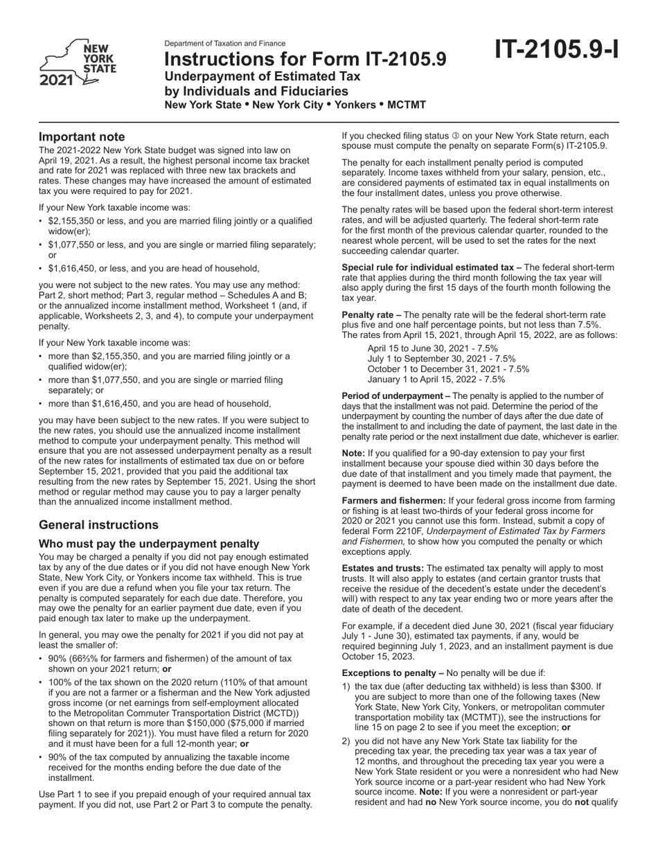 Instructions for Form IT-2105.9 Underpayment of Estimated Tax by Individuals and Fiduciaries - New York, Page 1