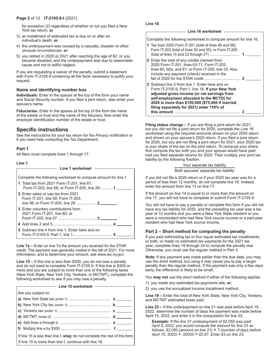 Instructions for Form IT-2105.9 Underpayment of Estimated Tax by Individuals and Fiduciaries - New York, Page 2