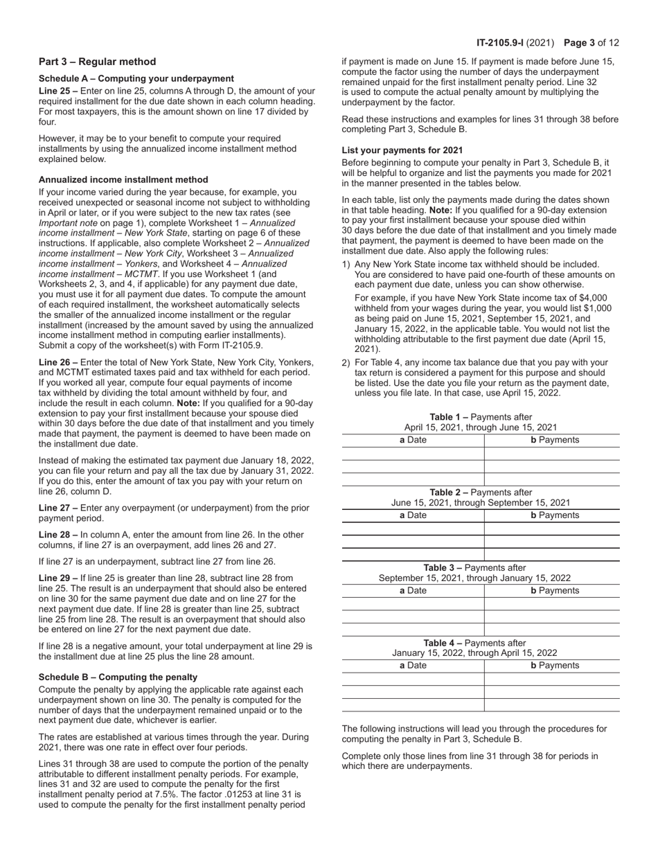 Instructions for Form IT-2105.9 Underpayment of Estimated Tax by Individuals and Fiduciaries - New York, Page 3